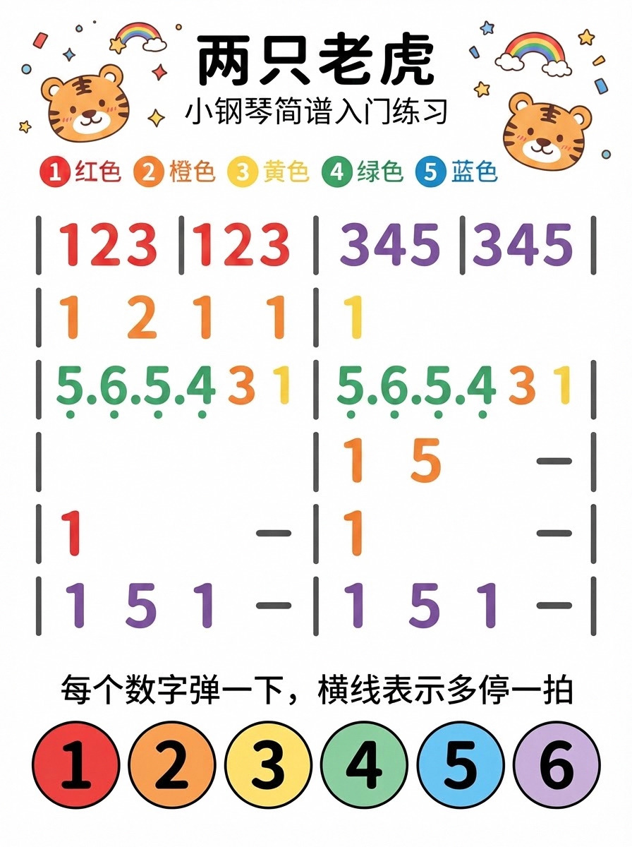 两只老虎彩色数字简谱