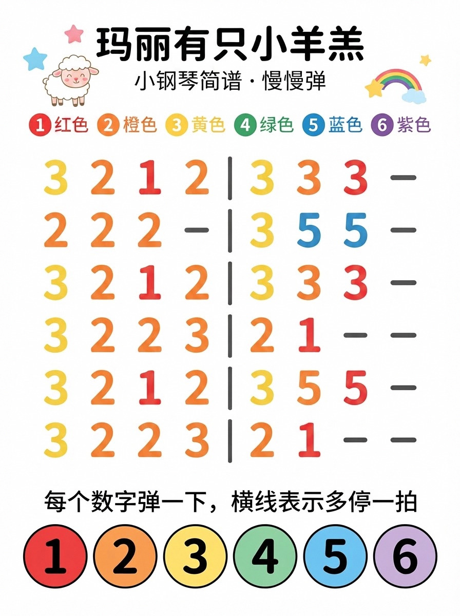 玛丽有只小羊羔彩色数字简谱